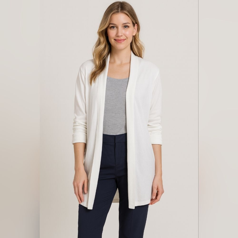 Open Cardigan White 3/4 Sleeves Women's L Gold Hardware Roll Tab Casual